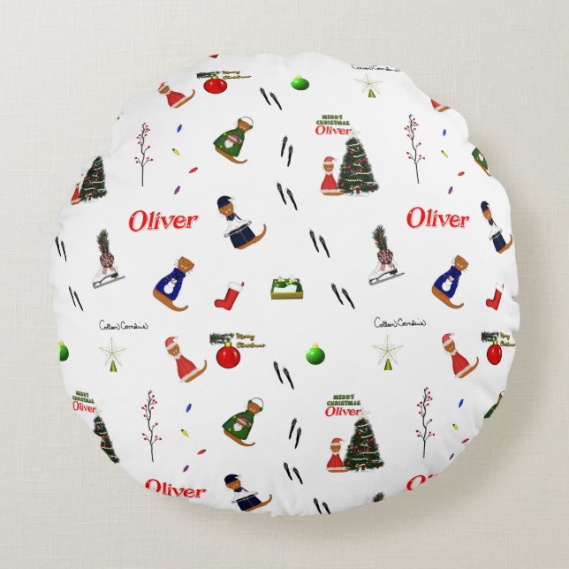 Cojín Redondo Oliver El Patrón Aleatorio De Navidades Otter (Anverso)