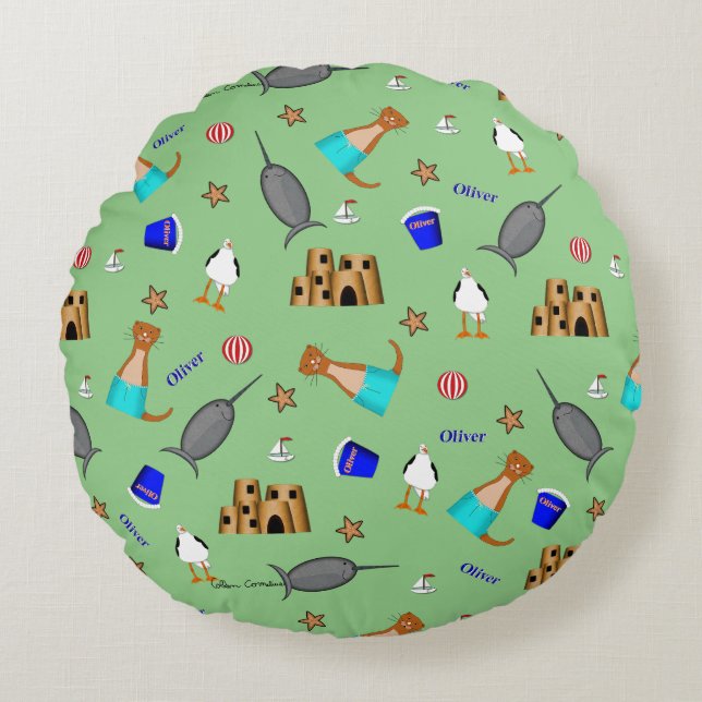 Cojín Redondo Oliver El Patrón De Vacaciones En Playa De Verano  (Anverso)