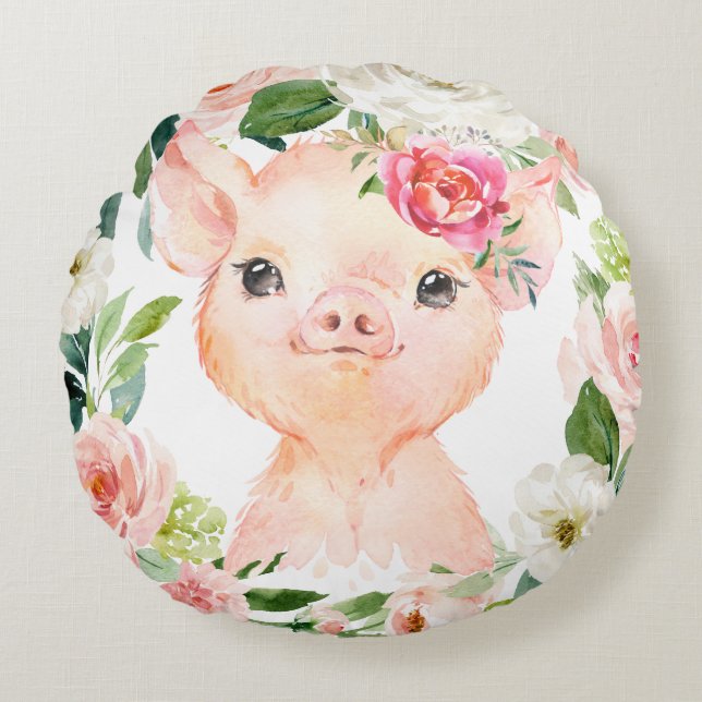 Cojín Redondo Olivia Pigsley Pig con guirnalda floral rosa Rubor (Anverso)