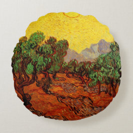 Cojín Redondo Olivos de Van Gogh con cielo amarillo y sol