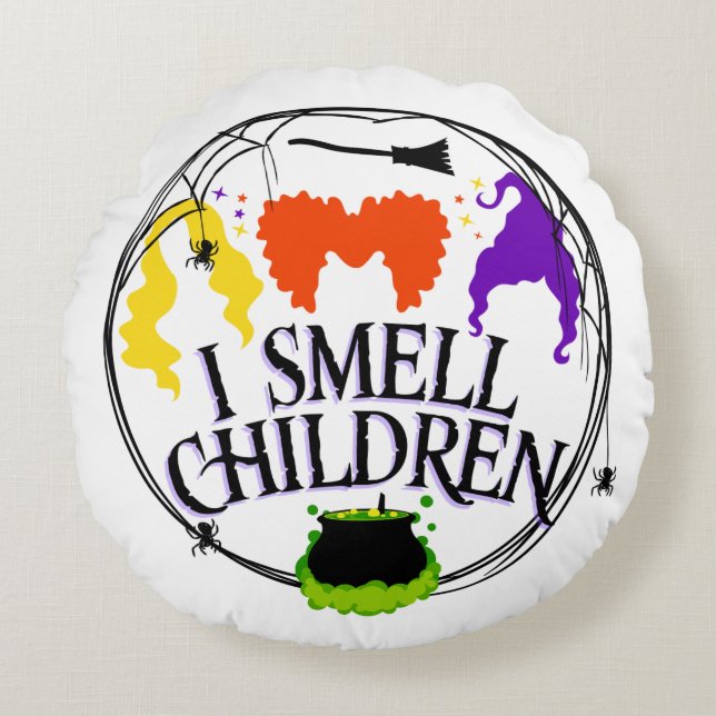 Cojín Redondo OLOR A LOS NIÑOS con tres brujas (Anverso)