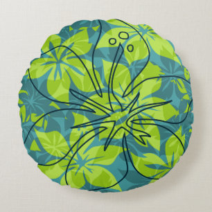 Cojín Redondo Olowalu Hibiscus Camuflaje Hawaiano Reversible