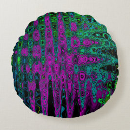 Cojín Redondo Ondas atómicas abstractas y groovy magenta en negr