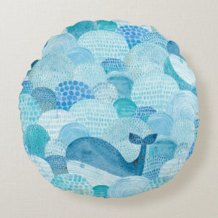 Cojín Redondo Ondas, ballena, textura azul infantil