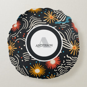 Cojín Redondo Ondas florales vibrantes abstractas en negro