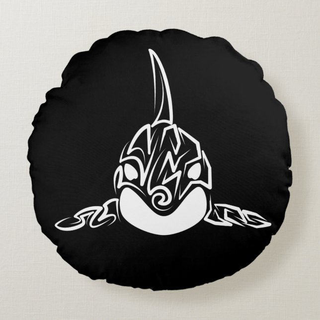 Cojín Redondo Orca tribal negra y blanca (Anverso)