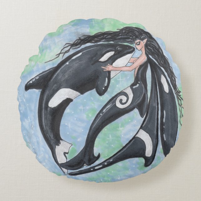 Cojín Redondo Orca Yin Yang del duendecillo del Faery de la orca (Anverso)
