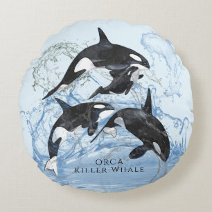 Cojín Redondo Orcas de acuarela blanca y negra increíbles