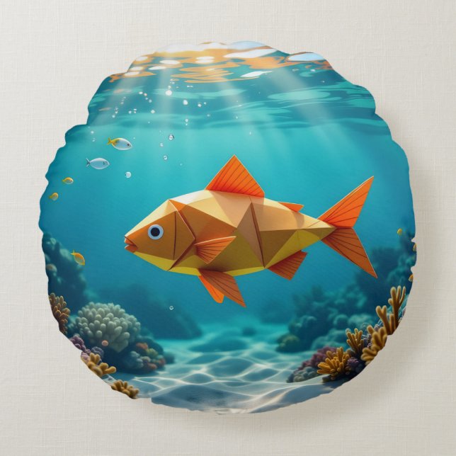 Cojín Redondo Origami fish and seahorse ocean