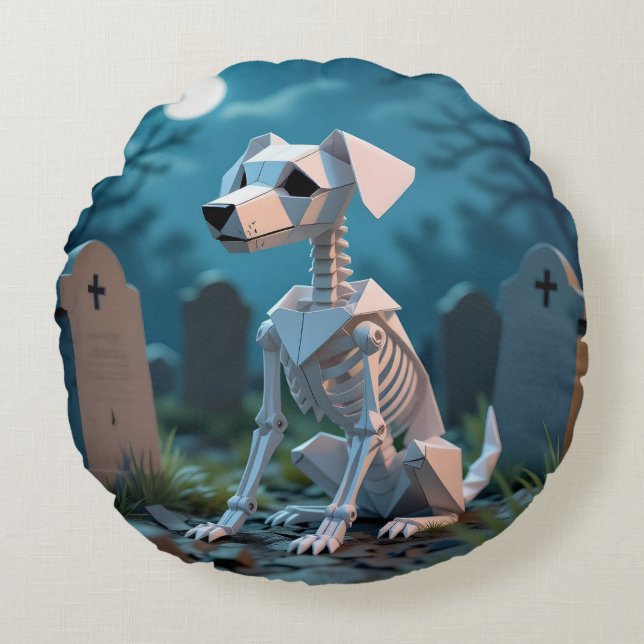 Cojín Redondo Origami Spooky Skeleton Dog Halloween Throw Pillow (Anverso)