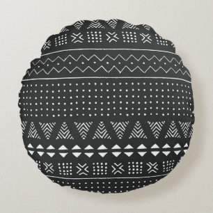 Cojín Redondo Origen étnico tribal: patrón blanco negro.