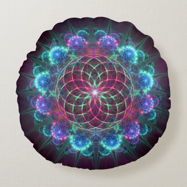 Cojín Redondo Ornamento azul fractal floral (Anverso)