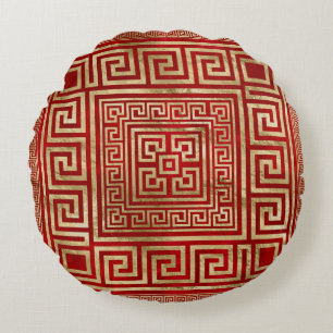 Cojín Redondo Ornamento de clave griega - Meander griego - Rojo