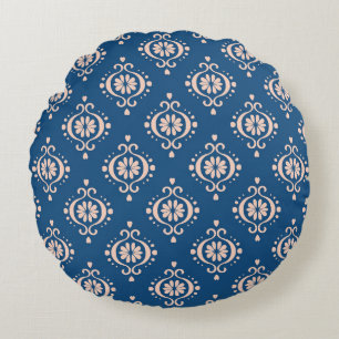 Cojín Redondo Ornamento de Damasco de Folclore Geométrico Ikat