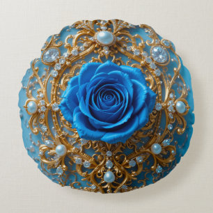 Cojín Redondo 💙 Ornamento de Rosa Azul y Oro para Decoración de