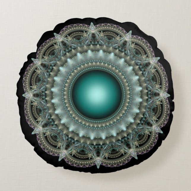 Cojín Redondo Ornamento fractal caleidoscópico (Anverso)