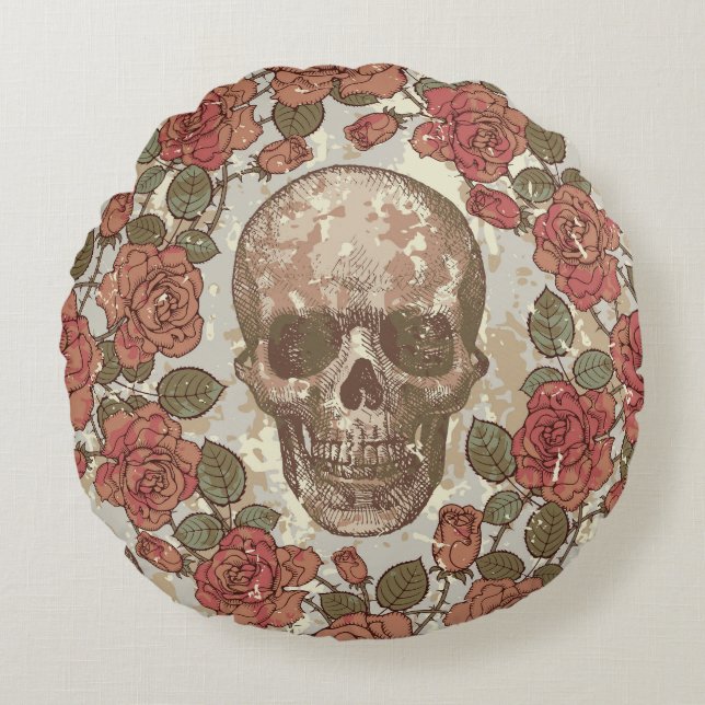 Cojín Redondo Ornamento retro de cráneos y Rosas (Anverso)