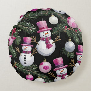 Cojín Redondo Ornamentos de Snowman para Navidades rosados