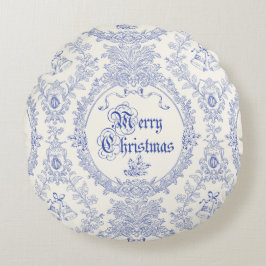 Cojín Redondo Ornate Classic Vintage Merry Christmas Blue Toile