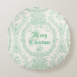 Cojín Redondo Ornate Classic Vintage Merry Christmas Green Toile