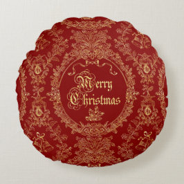 Cojín Redondo Ornate Classic Vintage Red Gold Merry Christmas