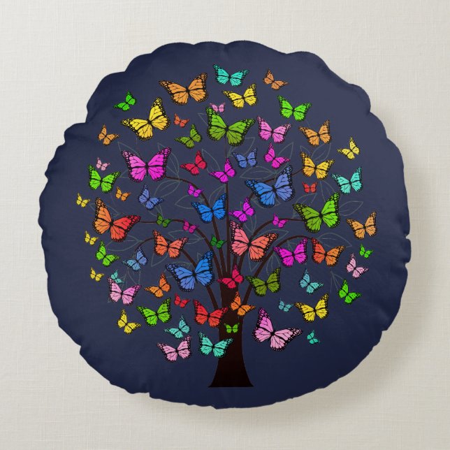 Cojín Redondo Ornate Colorated Abstract Butterfly Tree Art (Anverso)