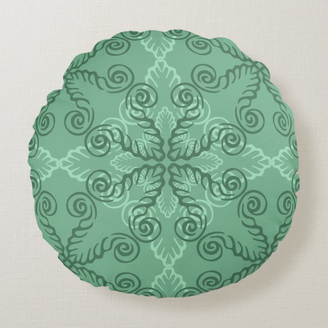 Cojín Redondo Ornate Green Leafy Scroflwork Round Pillow (Anverso)
