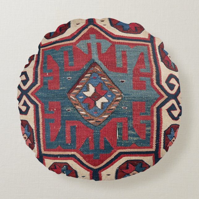 Cojín Redondo Ornato de Blue Western Santa Fe Cowboy Style  (Anverso)