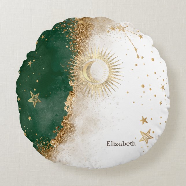 Cojín Redondo Oro Celestial Sol Y Luna Estrellas Verde (Anverso)