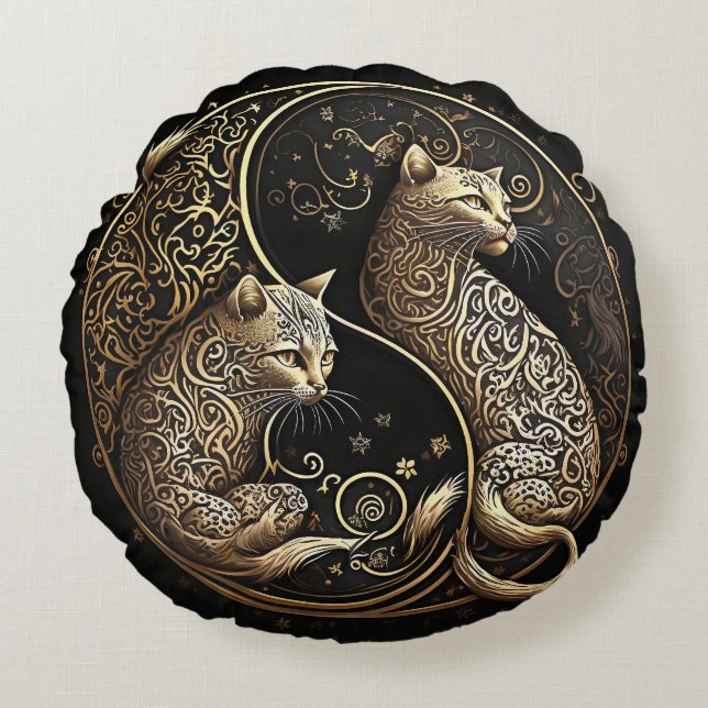 Cojín Redondo Oro de Ying y Yang Cats (Anverso)