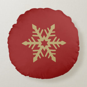Cojín Redondo Oro del diseño del copo de nieve en rojo