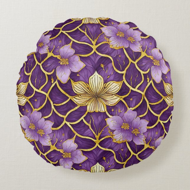 Cojín Redondo Oro morado floral japonés (Anverso)