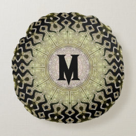 Cojín Redondo Oro Negro Glam Tribal Nombre Personalizado Monogra