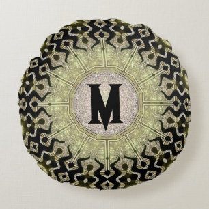 Cojín Redondo Oro Negro Glam Tribal Nombre Personalizado Monogra