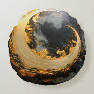 Cojín Redondo Oro Negro Remolino Abstracto Moderno Luna