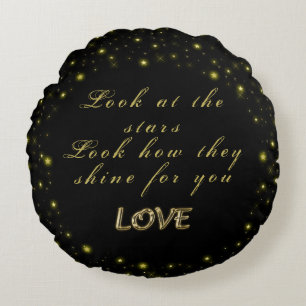 Cojín Redondo Oro personalizado y estrellas brillantes en negro