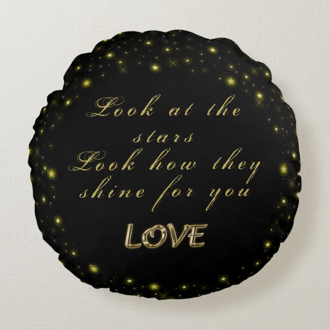 Cojín Redondo Oro personalizado y estrellas brillantes en negro (Anverso)