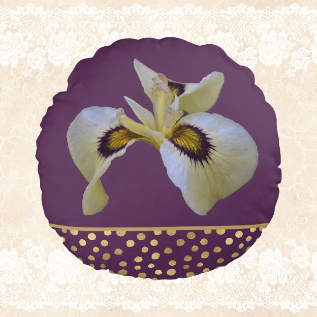 Cojín Redondo Oro salpicado e iris siberiano crema sobre morado (Subido por el creador)
