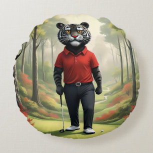 Cojín Redondo "¡Oro! Un tigre negro jugando golf en el bosque"