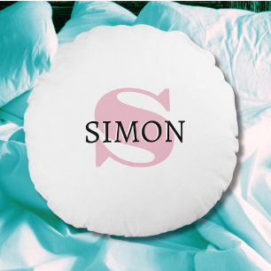 Cojín Redondo Orquídea Rosa Inicial y Nombre Negro   Moderno 