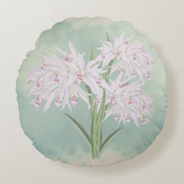 Cojín Redondo Orquídeas Rosadas Pastel sobre Floral Verde 