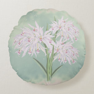 Cojín Redondo Orquídeas Rosadas Pastel sobre Floral Verde 