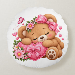 Cojín Redondo Osito de peluche durmiendo lazo rosa corazón almoh
