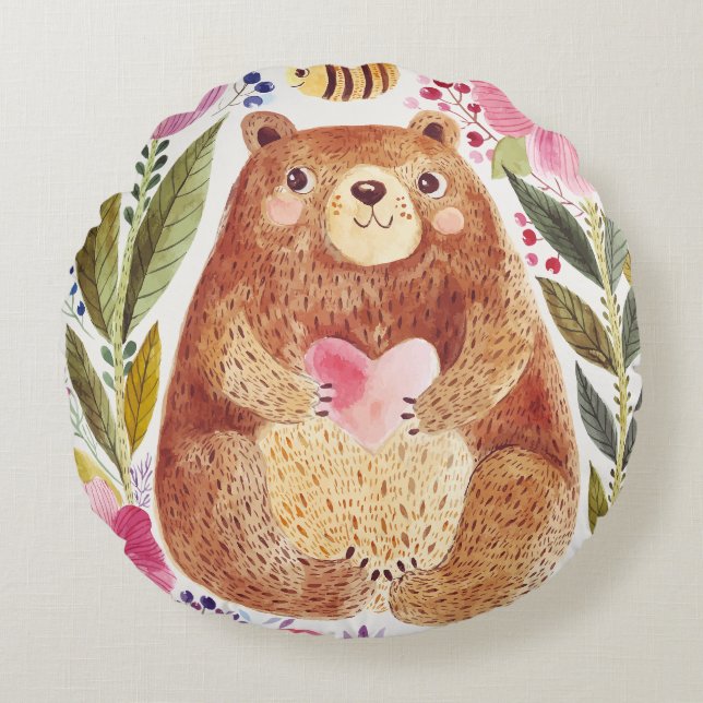 Cojín Redondo Oso con flores y abeja (Anverso)