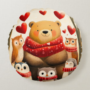 Cojín Redondo Oso de bosque acogedor familia de búhos amor de in