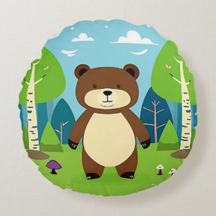 Cojín Redondo Oso de dibujos animados lindo en una escena del bo