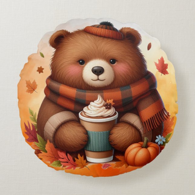 Cojín Redondo Oso de otoño rústico/vintage (Anverso)