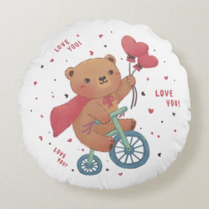 Cojín Redondo Oso de peluche en bicicleta: ¡Te amo!