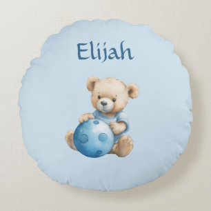 Cojín Redondo Oso de peluche lindo con bola azul