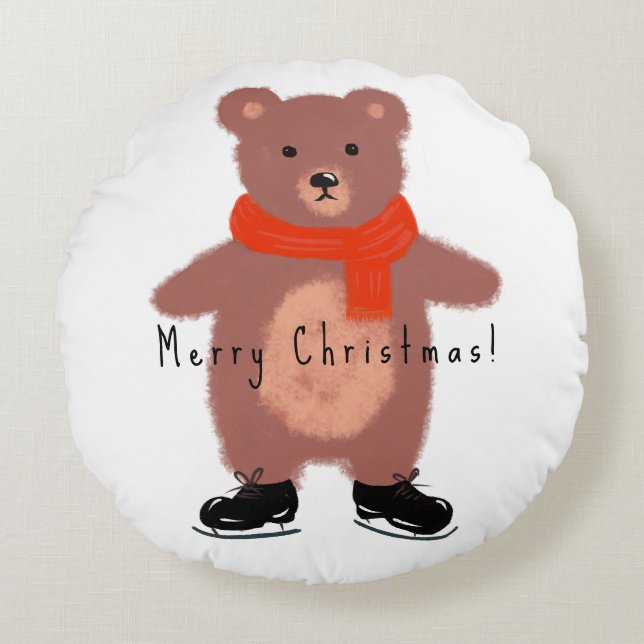 Cojín Redondo Oso gracioso en patines de invierno (Anverso)